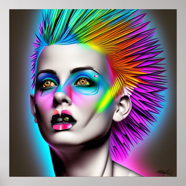 Dystopisk kvinna med Rainbow Mohawk Ai Art Poster (Framsidan)