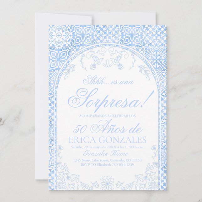 Dysty Blue Papel Picado Överraskning 50-årsdag Inbjudningar (Framsida)