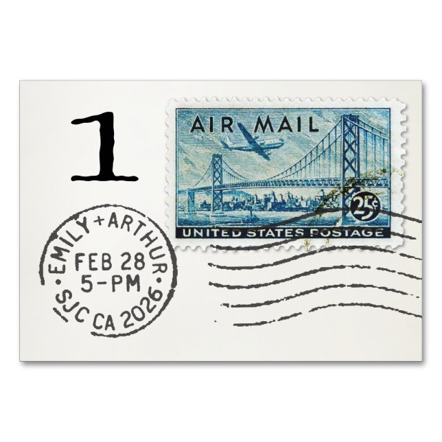 E&A Wedding Reception Table Card 1 Air Mail Stamp Bordsnummer (Baksidan)