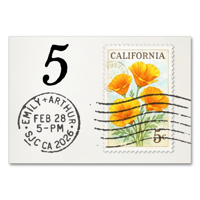 E&A Wedding Reception Table Card 5 CA Poppies Bordsnummer (Framsidan)