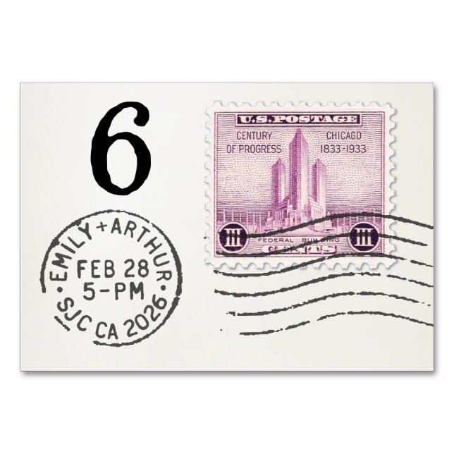 E&A Wedding Reception Table Card 6 Chicago Bordsnummer (Baksidan)