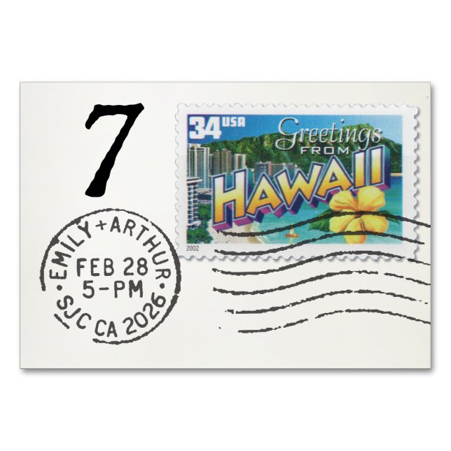 E&A Wedding Reception Table Card 7 Hawaii Bordsnummer (Baksidan)