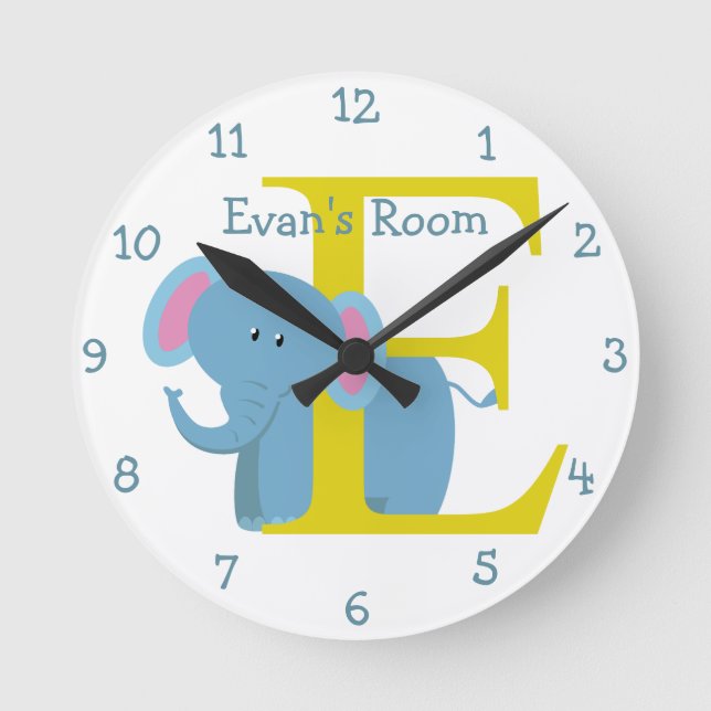 E är för elefant- och Evan-Barns sovrum Rund Klocka (Framsida)