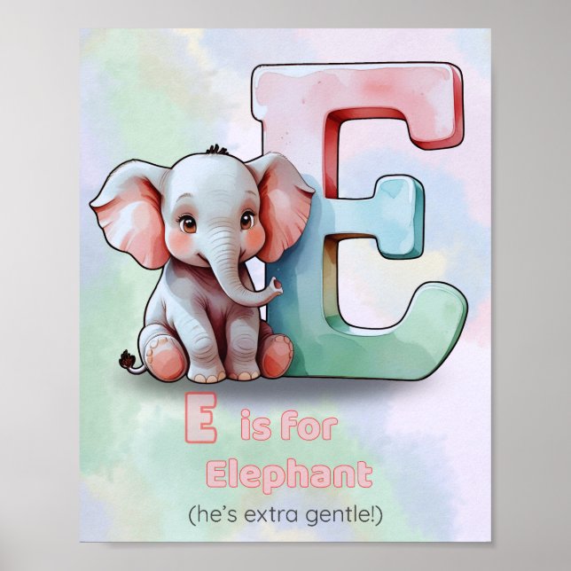E är för Elephant - Cute Alphabet Animal Nursery P Poster (Framsidan)