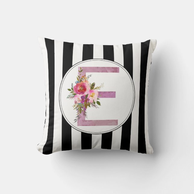 E, Blommigt Monogram initial, vattenfärgsblomma Kudde (Framsida)