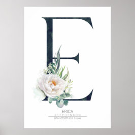 E Bokstavsmonogram Vita Blommor och Grönska Poster
