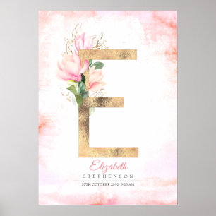 E Brev Monogram Guld Löv Rosa Magnolia Blommigt Poster