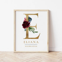E Brev Monogram Namn Marsala Blommigt Nursery Poster