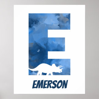"E" Dinosaur Watercolor Blue Child's Namn Poster