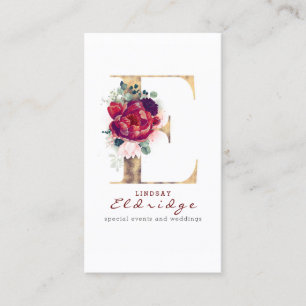 E Monogram Burgundy Red Flowers och Faux Guld Visitkort