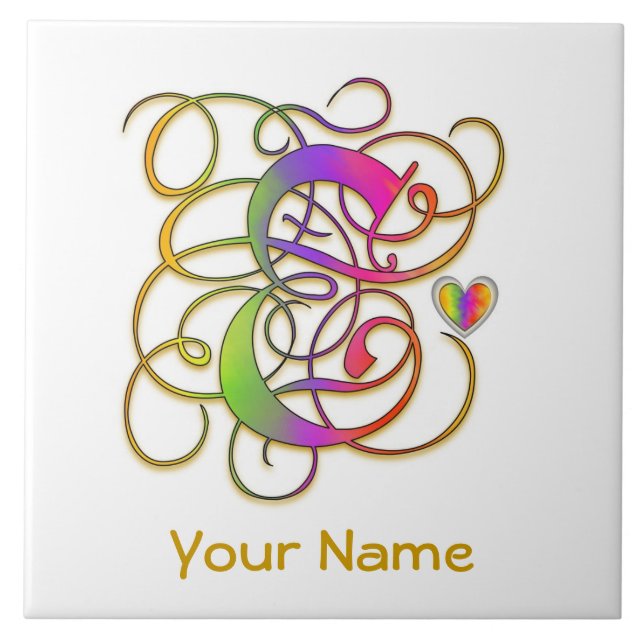 E Monogram ditt namn keramisk platta "Gothic Rainb Kakelplatta (Framsidan)