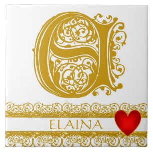 E Monogram Namn Guld Snöre Red Heart Template Tile Kakelplatta