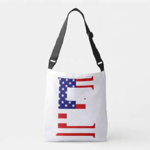 E Monogram överlagt på USA flagga-burk Axelväska