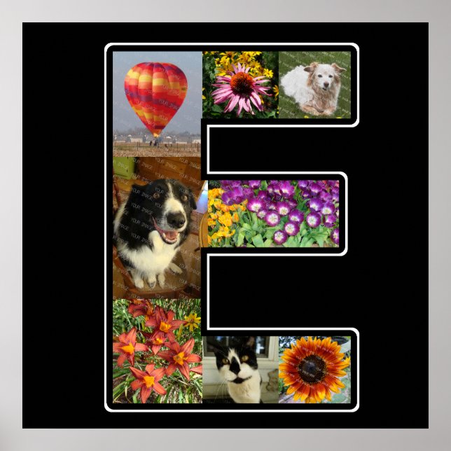 E Monogram Skapar ditt eget 8-fotokollage svart Poster (Framsidan)