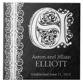 E Monogram "White Snöre on Black" Bröllop Tile Kakelplatta