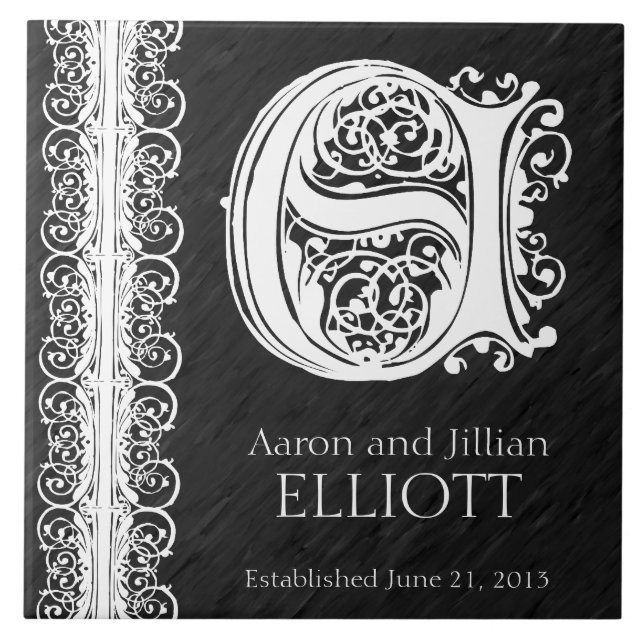 E Monogram "White Snöre on Black" Bröllop Tile Kakelplatta (Framsidan)