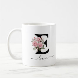 E Rosa ros Blommigt Flowers Monogram Namn Kaffemugg