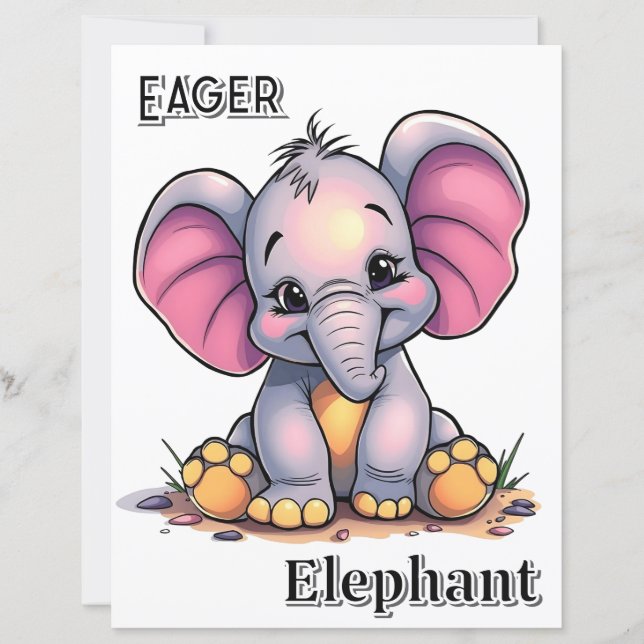 Eager Elephant | Cute Tecknad Barn Nursery Art (Framsida)