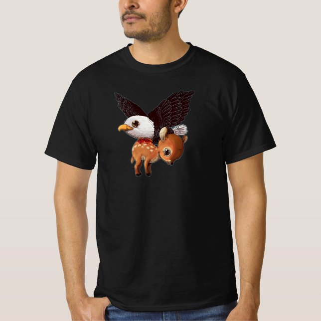 Eagle and Fawn Whimsical Wildlife Art Print T Shirt (Framsida)