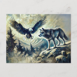 Eagle and Wolf in Wild Landscape Vykort