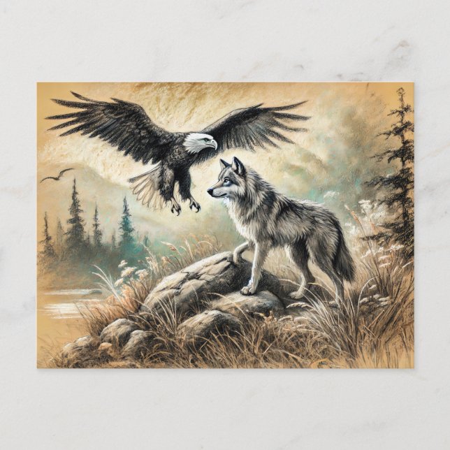 Eagle and Wolf in Wild Landscape Vykort (Framsida)