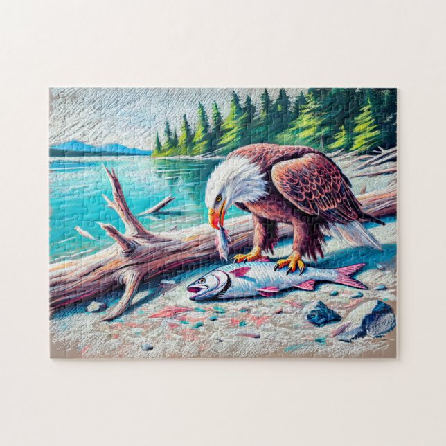 Eagle Eating Fish vid Riverbank Pastel Chalk Drawi Pussel (Horisontell)