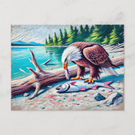 Eagle Eating Fish vid Riverbank Pastel Chalk Drawi Vykort