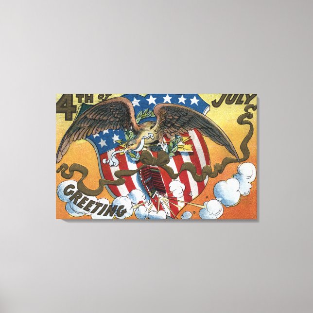 Eagle Emblem Holding Fireworks, Flagga-Shield Canvastryck (Framsida)