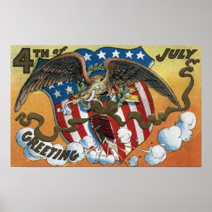 Eagle Emblem Holding Fireworks, Flagga-Shield Poster