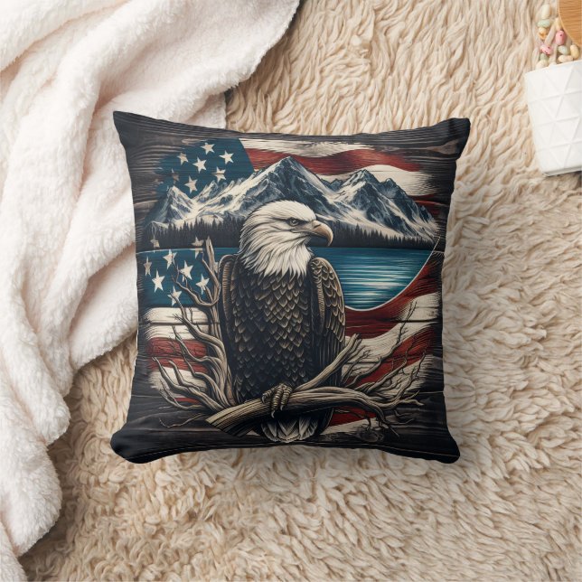 Eagle Emblem over Mountain och American Flagga Kudde (Filt)