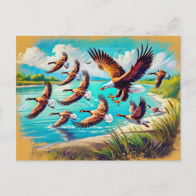 Eagle Hunting Vild Geese by Sjö Pastel Chalk Vykort (Framsida)