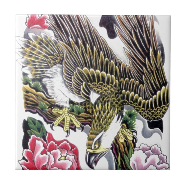 Eagle- och Chrysanthemum-tatueringskonstruktion Kakelplatta (Framsidan)