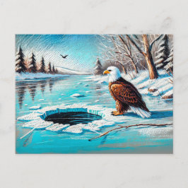 Eagle på den frysta floden av Ice Hål Pastel Chalk Vykort