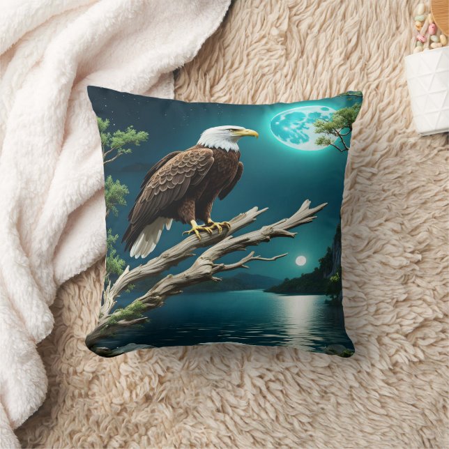 Eagle Perched vid Gren vid Moonlit River Kudde (Filt)