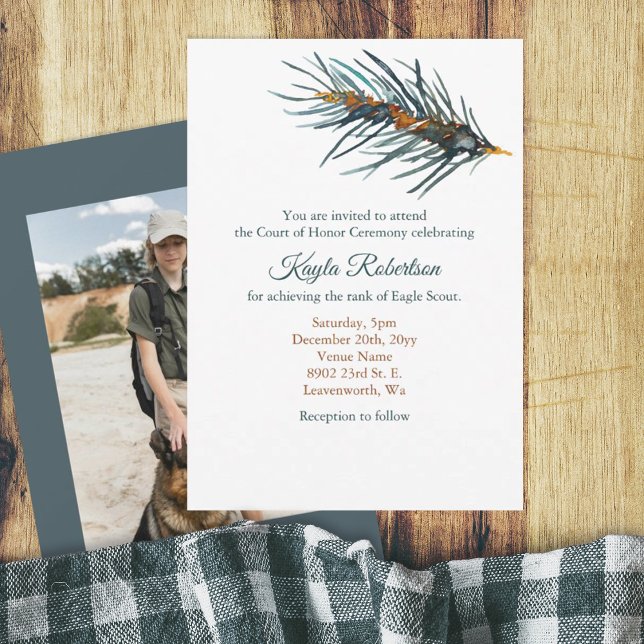Eagle Scout, Court of Honor, Pine Needles Inbjudningar (rustic BSA Eagle Scout Court of Honor Invitation with pine needles painting)
