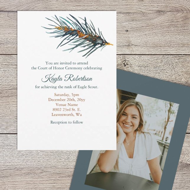Eagle Scout, Hedersceremoni, Tallbarr Inbjudningar (Eagle scout court of honor party invitation, watercolor pine needles)