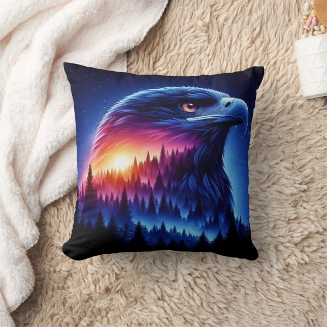 Eagle Silhouette med Forest Sunset Kudde (Filt)