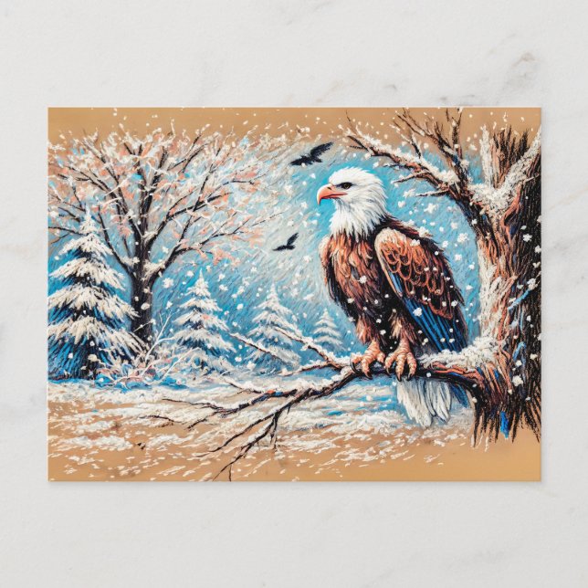 Eagle Sitta vid Träd under snöfall på vinter Vykort (Framsida)