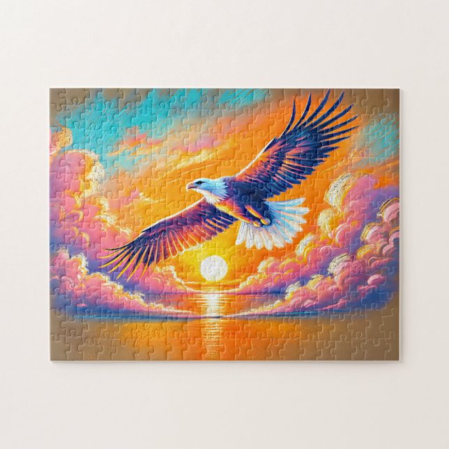 Eagle som flyger vid Sunset Pastel Chalk Teckning Pussel (Horisontell)