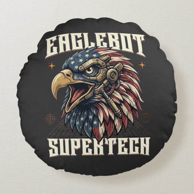 Eaglebot Supertech Cybernetic Patriotic Eagle Rund Kudde (Framsidan)