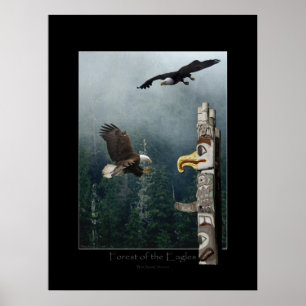 Eagles, Forest & Haida Totem Art Poster