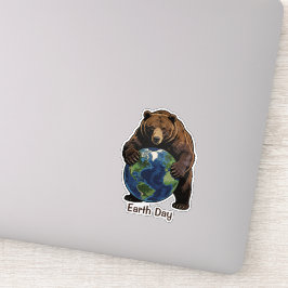 Earth Day Bear Hugging Planet Design Klistermärken