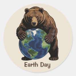 Earth Day Bear Hugging Planet Design Runt Klistermärke