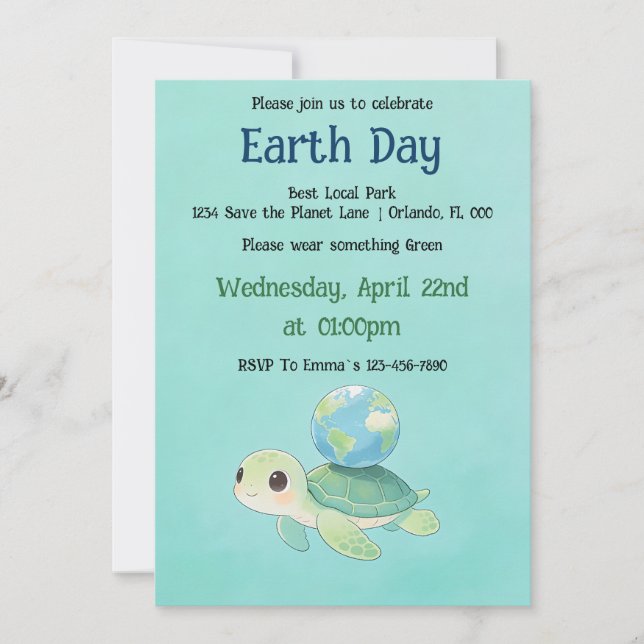 Earth Day Sköldpadda med Glob Inbjudningar (Framsida)