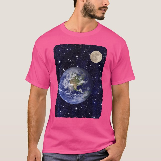 Earth Globe Måne Space Stars Astronomi T Shirt (Framsida)