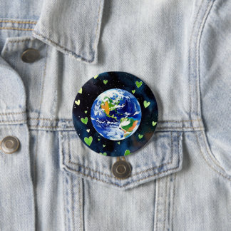 Earth Love Button - Planet with Green Hearts Pin Knapp