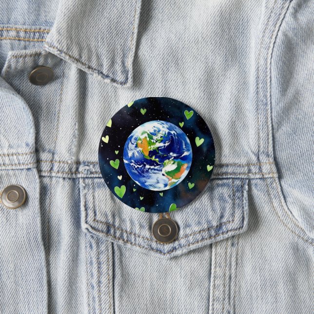 Earth Love Button - Planet with Green Hearts Pin Knapp (In Situ)