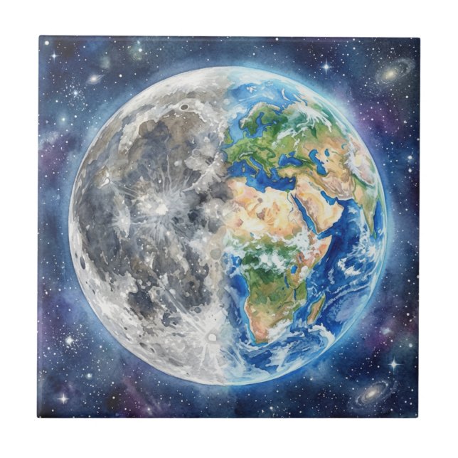 Earth & Moon Watercolor Galaxy Celestial Design Kakelplatta (Framsidan)