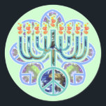 Earth Peace Menorah Stickers Runt Klistermärke<br><div class="desc">Menorah med fredssymbol i mönster. Chanukah-design.</div>