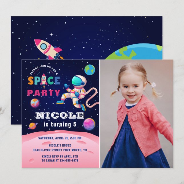 Earth Rymden Astronaut Galaxy Birthday Photo Inbjudningar (Fram/baksida)
